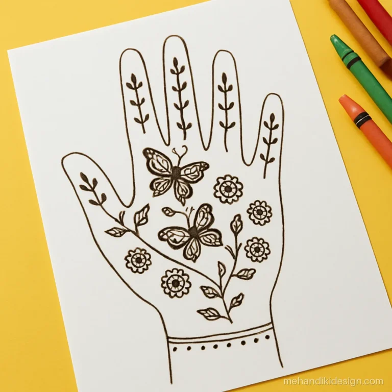Mehandi design for school competition with butterflies and flowers on a hand outline