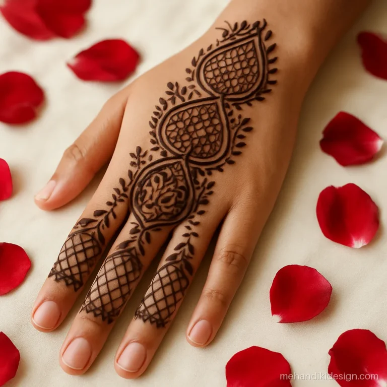 Mehandi design full hand back with stacked kairi motifs and finger caps