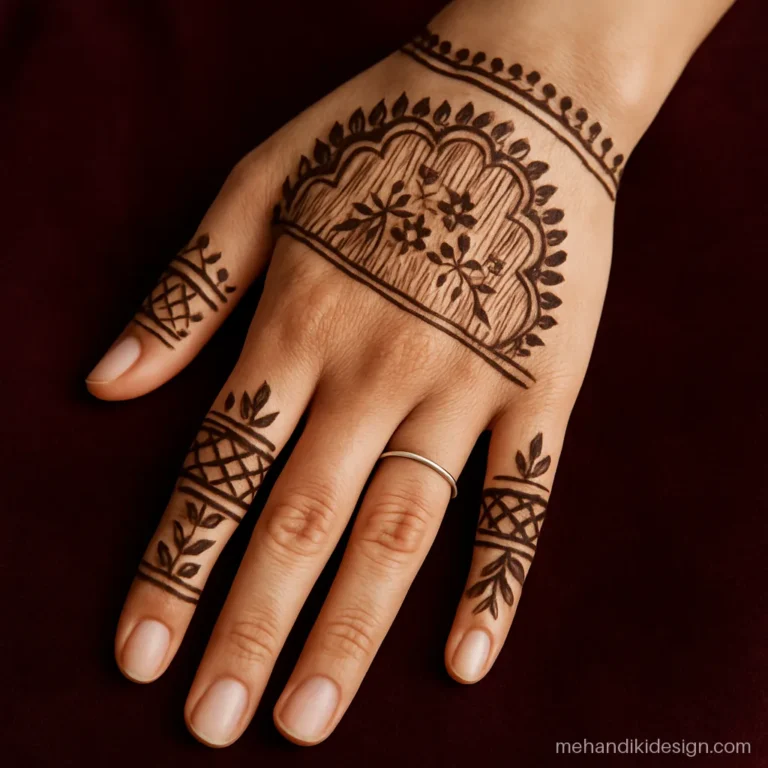 Mehandi design half hand covering the upper palm and finger tips