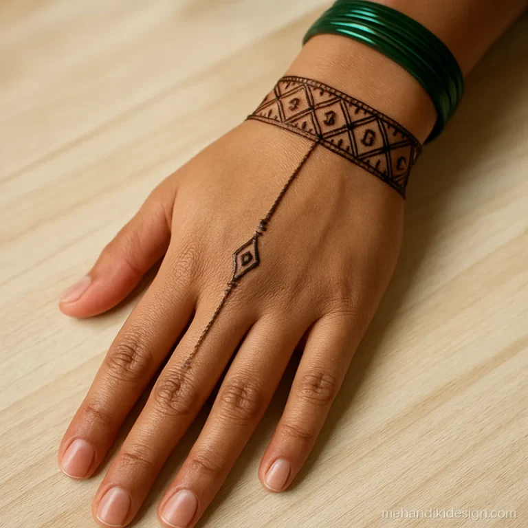 Mehandi design latest look with diamond cuff on wrist and line up finger