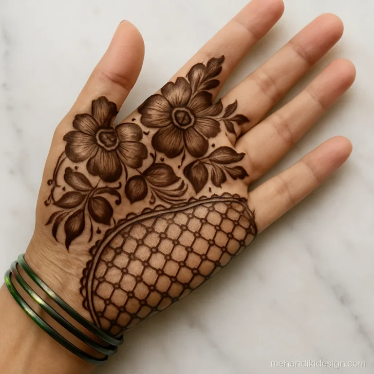 Mehandi design new with Arabic florals on top and Indian jaal on lower palm