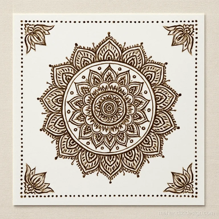 Mehandi design wallpaper with one large mandala and corner motifs on paper