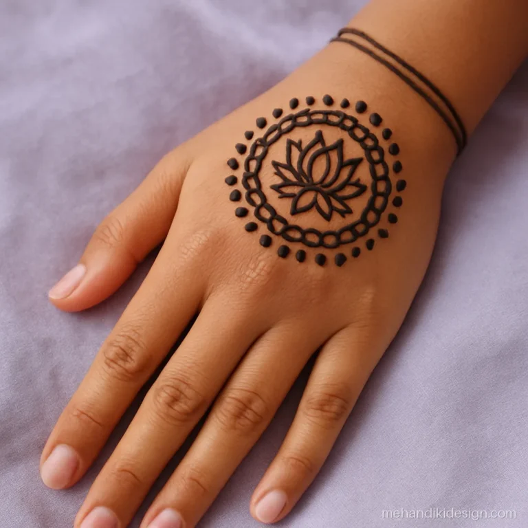 Mehandi designs easy mandala placed on the wrist with a dot border
