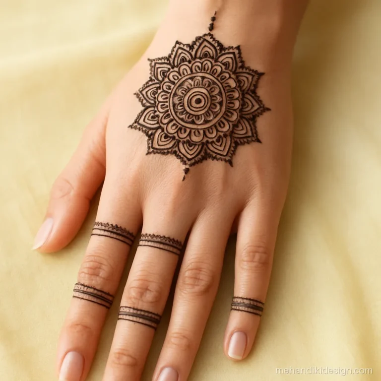 Mehandi designs full hand back with mandala and stacked wrist bands