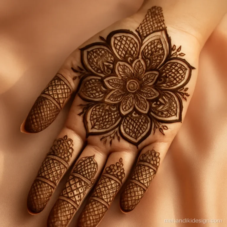 Mehandi designs latest Indo Arabic style covering palm with bold and fine lines