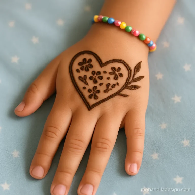 Mehandi designs simple for a child with a heart full of tiny flowers