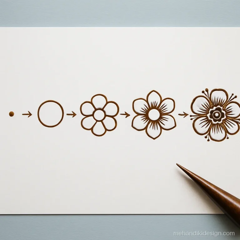Mehandi drawing step by step flower in five stages on paper