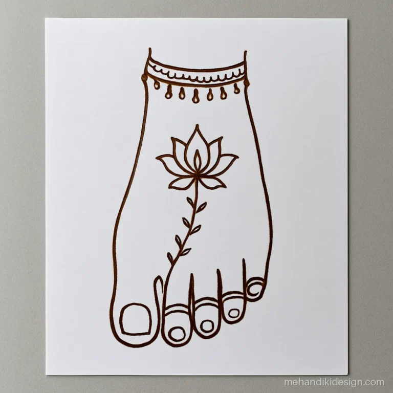 Mehandi drawing of a traced foot outline with an anklet and toe design