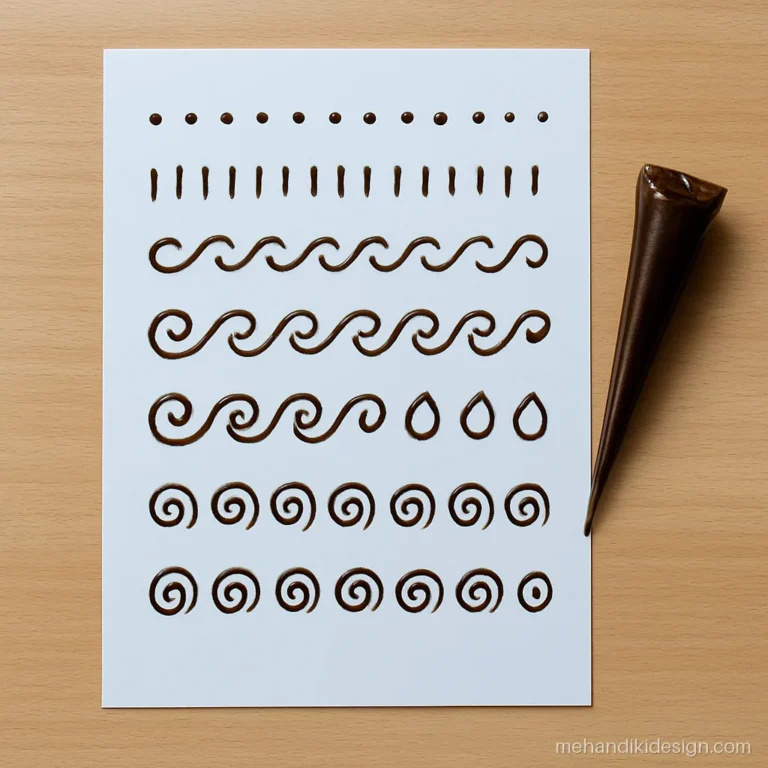 Mehandi drawing practice sheet with rows of dots, lines, swirls and teardrops