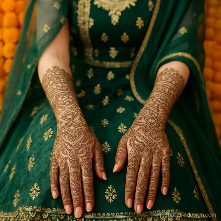 Mehandi dress idea with a green lehenga and hennaed hands on the lap