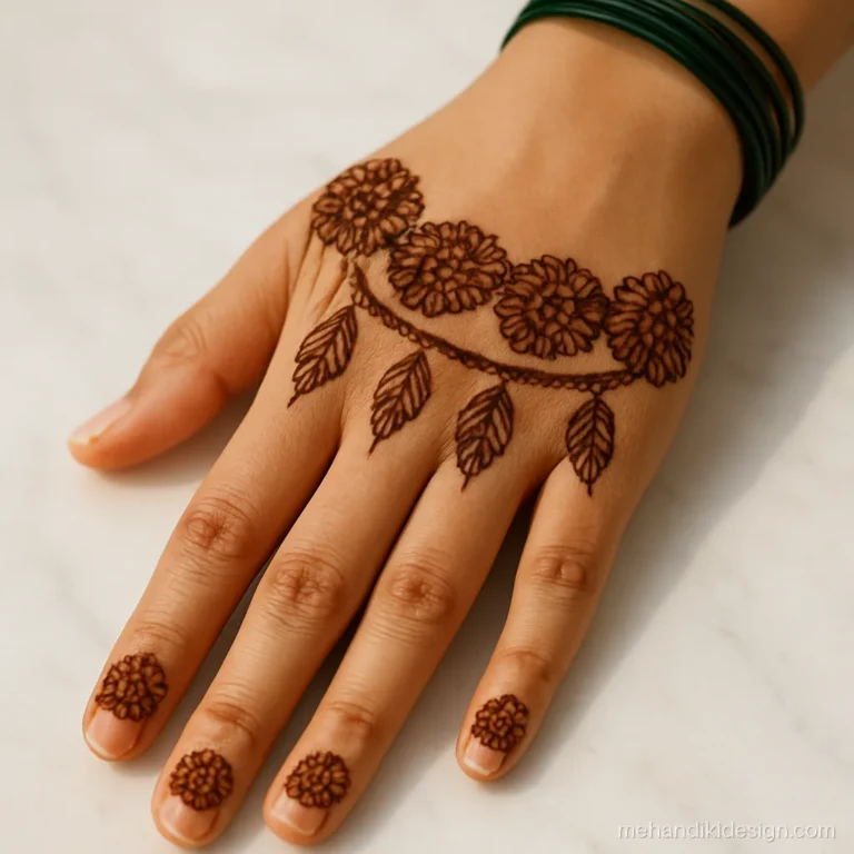Mehandi flower design with marigold garland band across back hand