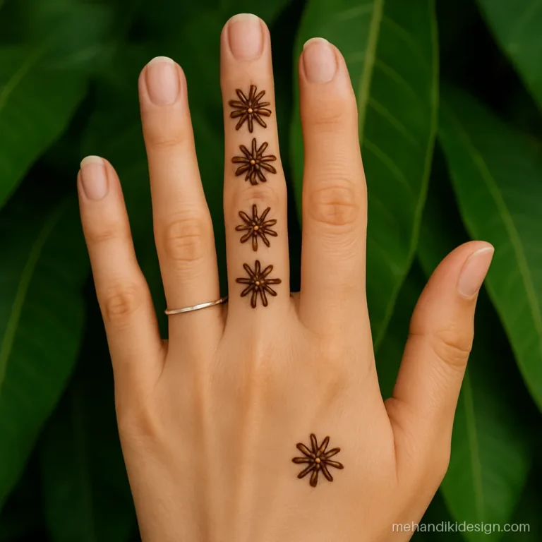 Mehandi flower design with daisies climbing up the index finger