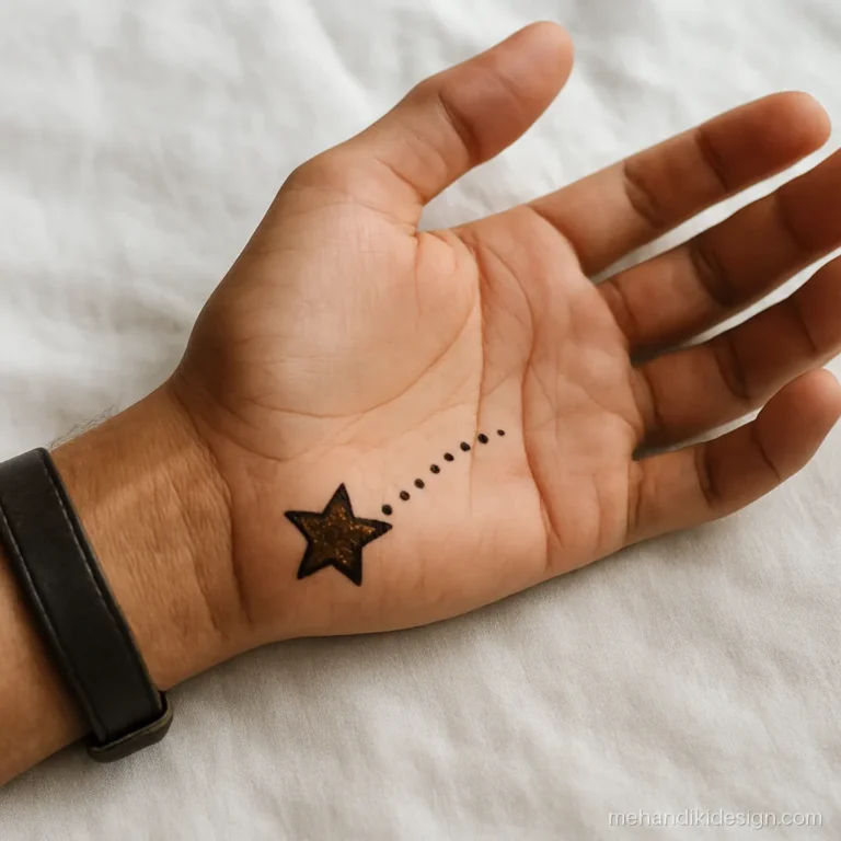 Mehandi for boys with a small star and dot trail on the wrist