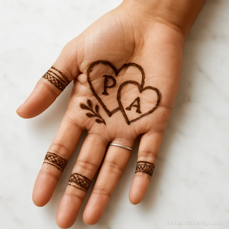Mehandi for engagement with two hearts and generic initials