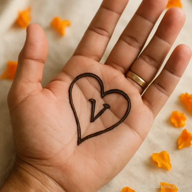Mehandi for groom with a half heart and one letter to match the bride