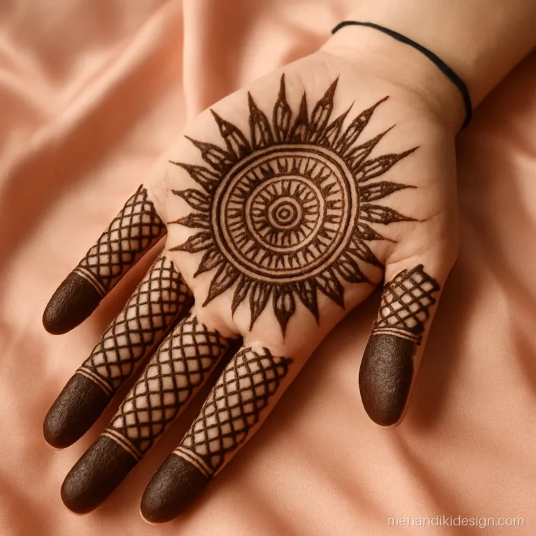 Mehandi full hand design front with sun burst palm and filled fingers