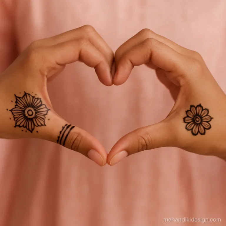 Mehandi girl friends making a heart shape with their hennaed hands