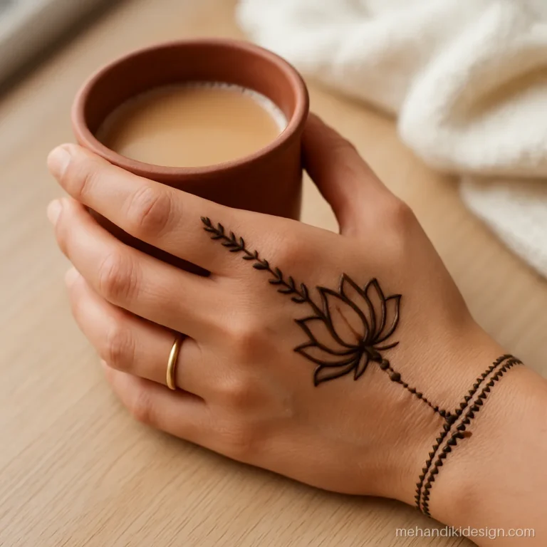 Hennaed hand holding a kulhad of chai, perfect for a short mehandi caption