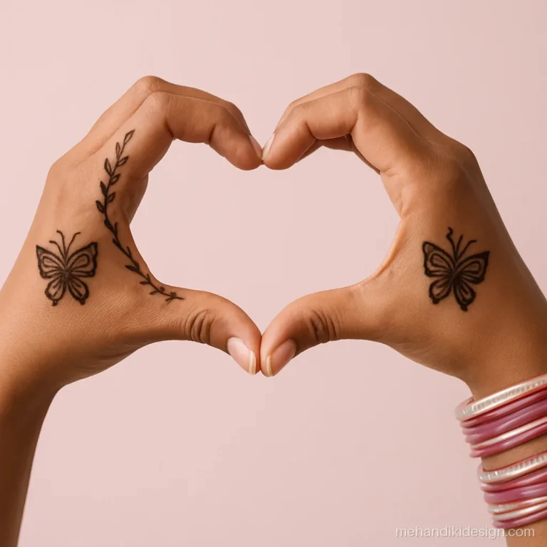 Two hennaed hands forming a heart shape against a soft pink background
