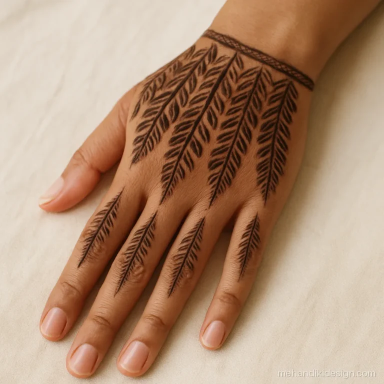 Mehandi ka design full hand with layered feather pattern on back hand