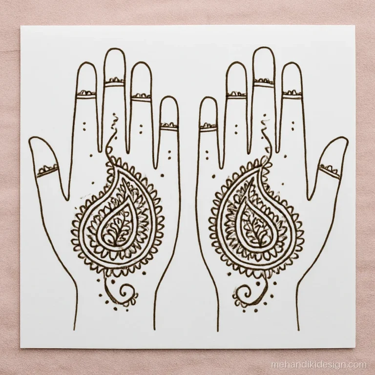 Mehandi ke chitra showing two traced hands with a mirrored paisley design