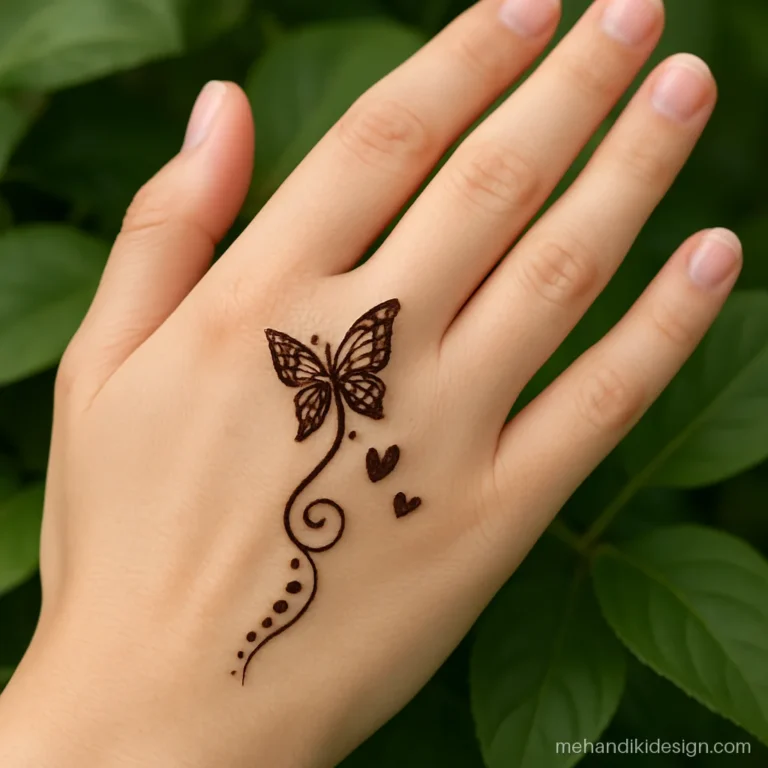 Mehandi ke design left hand with a small butterfly on the index finger