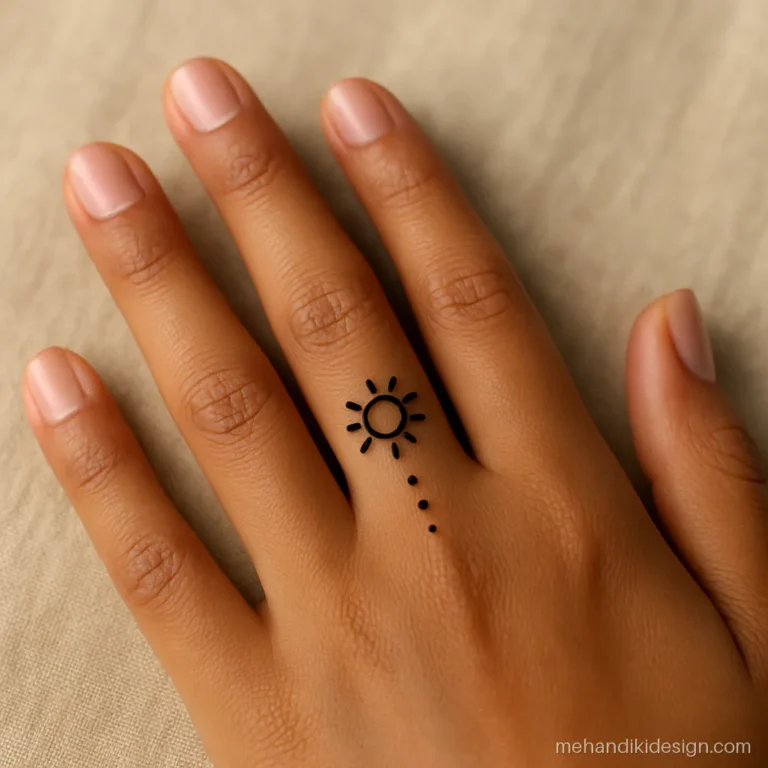 Mehandi ke design new with a tiny sun on the index finger and dots