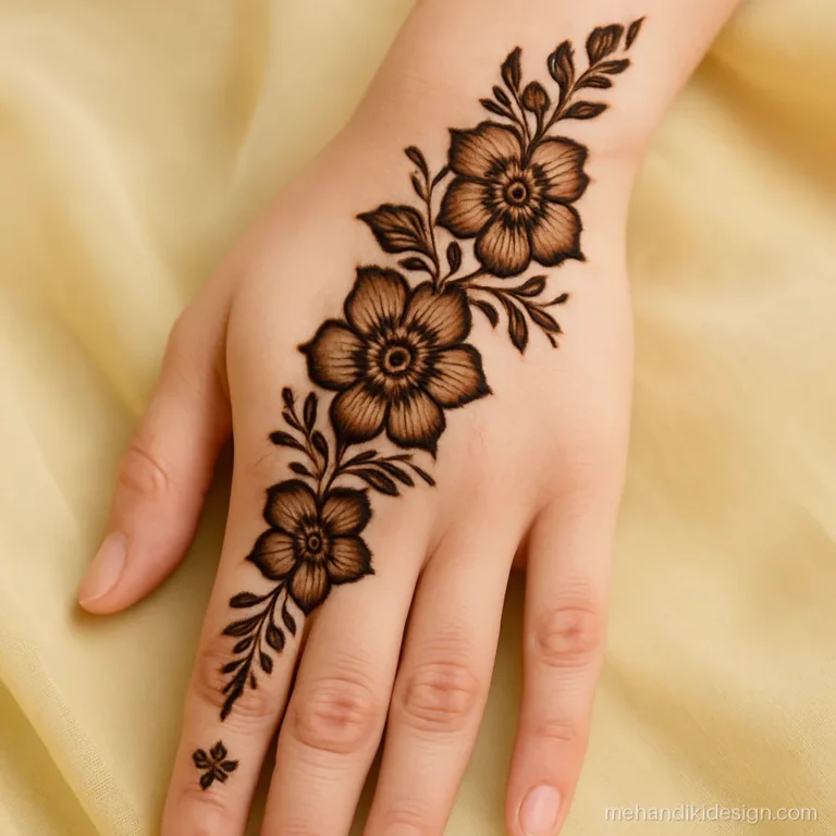 Mehandi ke new design on back hand with three florals in a slanting line