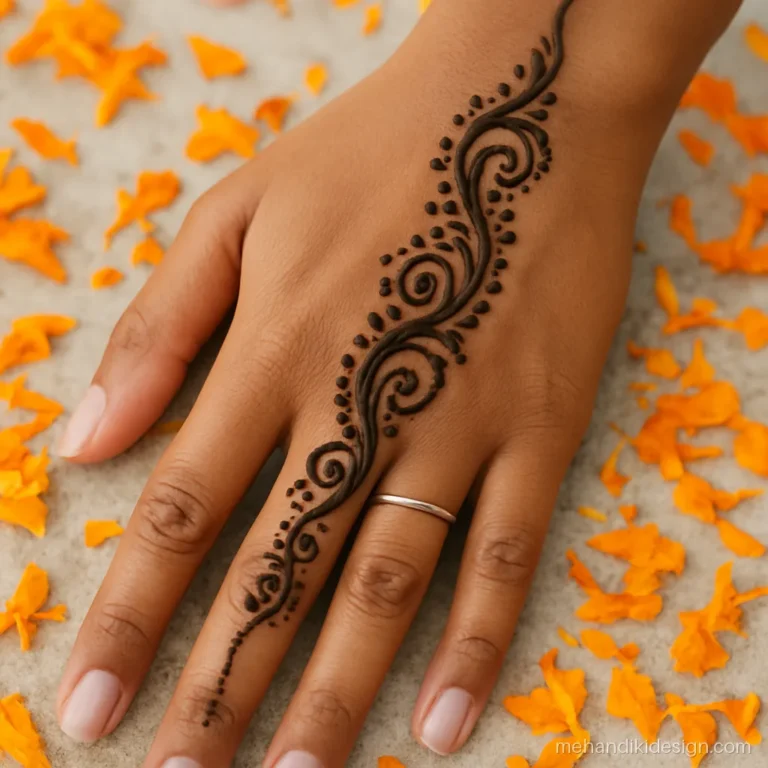 Mehandi ki bel from ring finger to wrist with swirls and dots