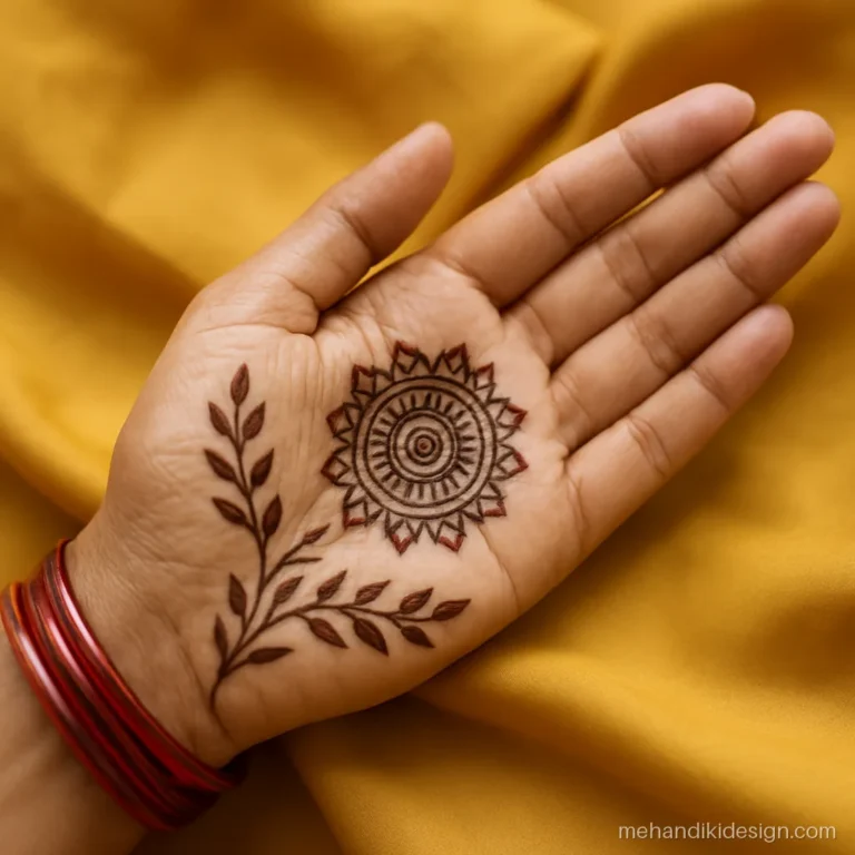 Mehandi ki design arabic style with a small palm mandala and trailing leaves