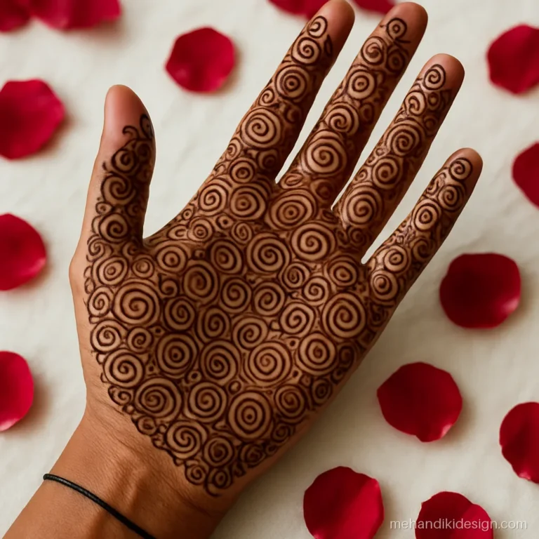 Mehandi ki design full hand with swirl jaal net and finger tips filled