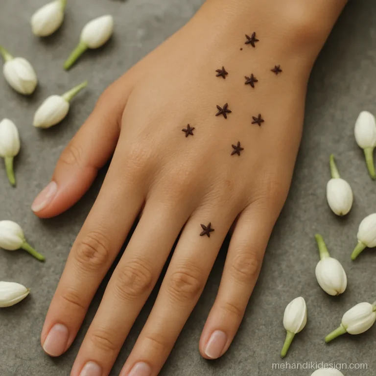 Mehandi ki design new style with half moon and small stars on back hand