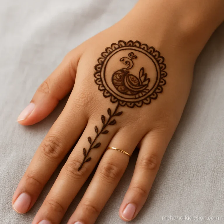 Mehandi ki design peacock inside a round frame on the back hand