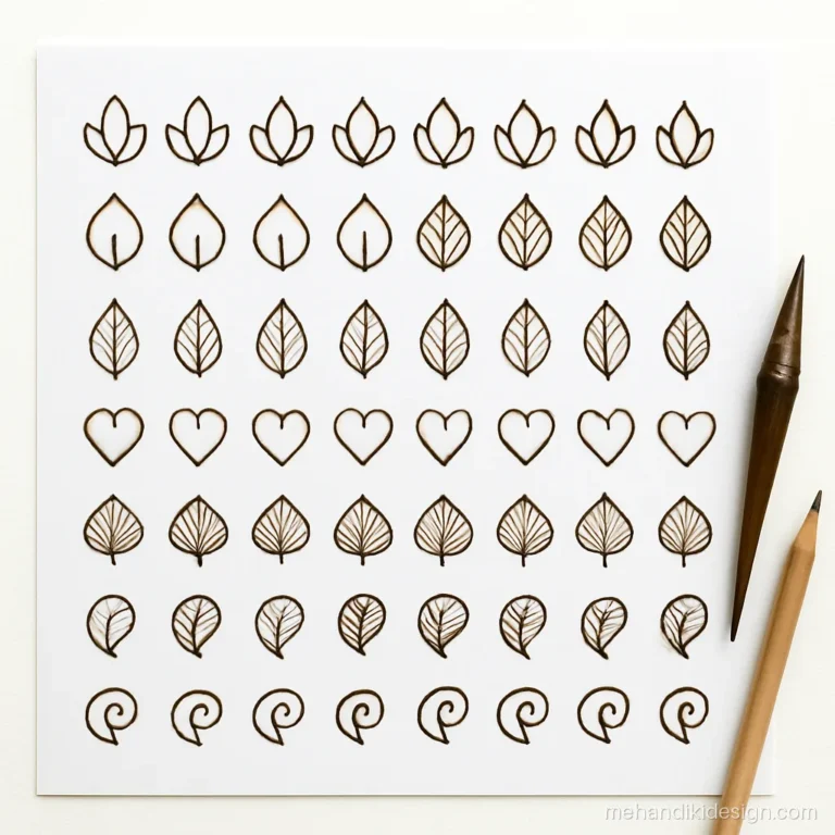 Mehandi ki drawing practice page with rows of petals and leaves