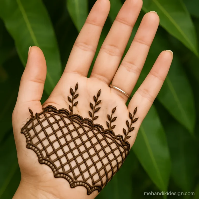 Mehandi ki new design with half jaal net on the palm and plain fingertips
