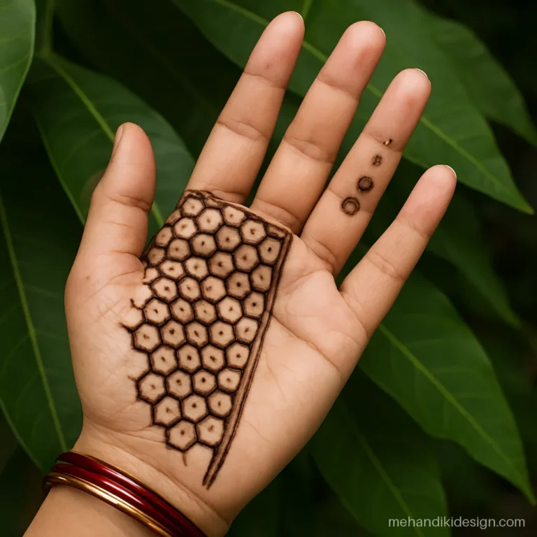 Mehandi latest design with hexagon honeycomb pattern across the palm