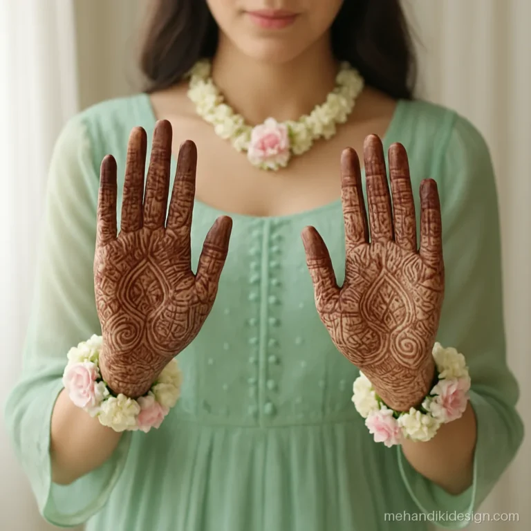 Mehandi look with a pastel outfit, floral jewellery and hennaed hands