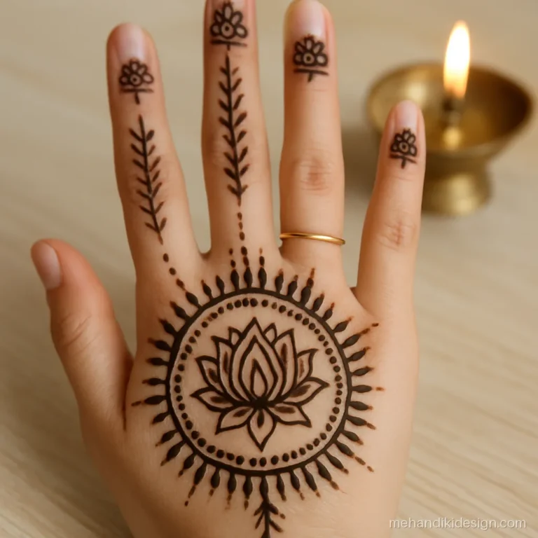 Mehandi mandala design on the palm with a lotus heart and leaf rays