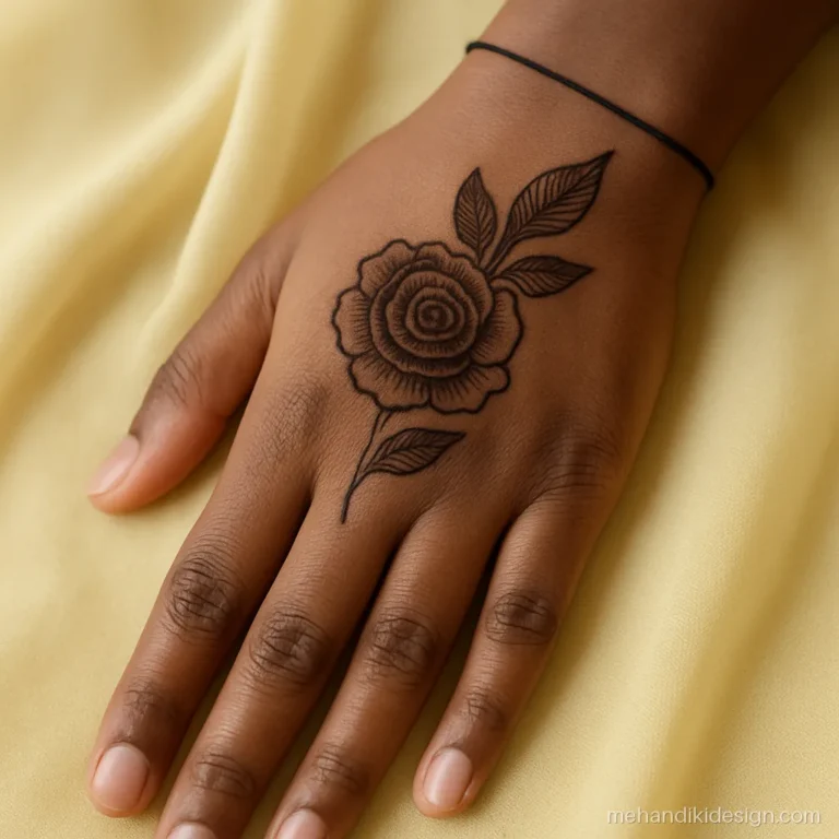 Mehandi new design with one shaded rose on the wrist and two leaves