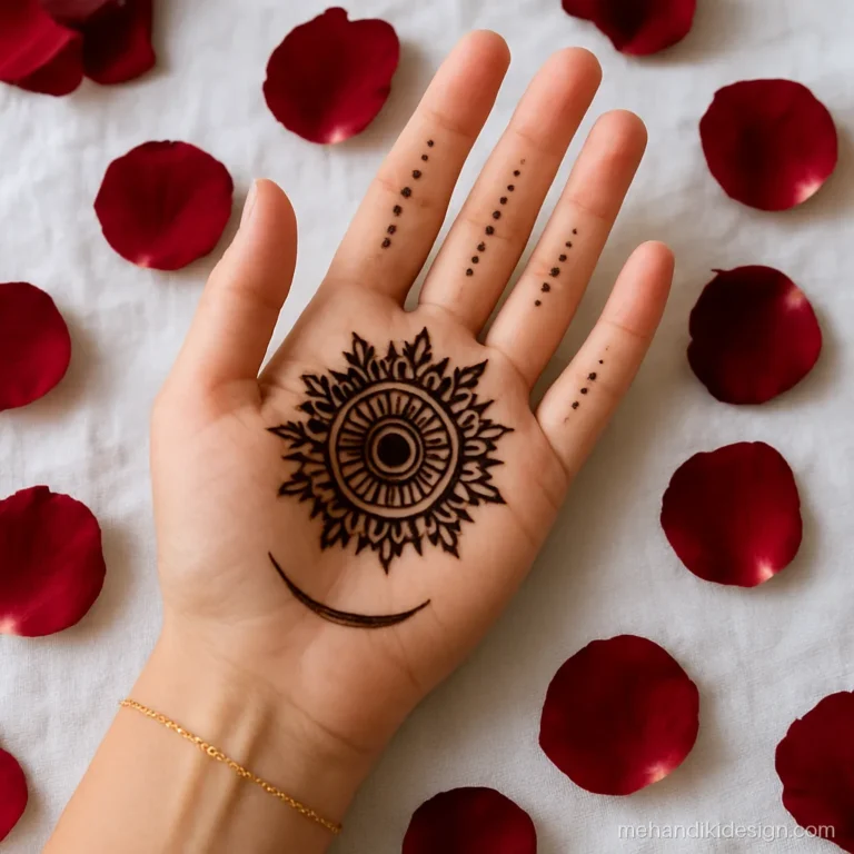Mehandi palm resting open on rose petals for an Instagram mehandi quote post