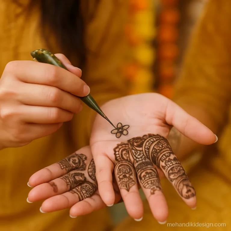 Mehandi photo girl candid of a sister applying a cone to the bride's hand