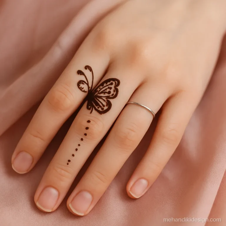 Mehandi pic for girls with a small butterfly on the back of the index finger