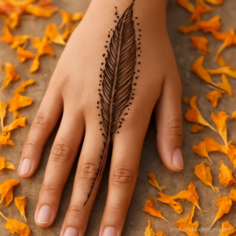Mehandi pictures of a feather trail on a girl's index finger and hand