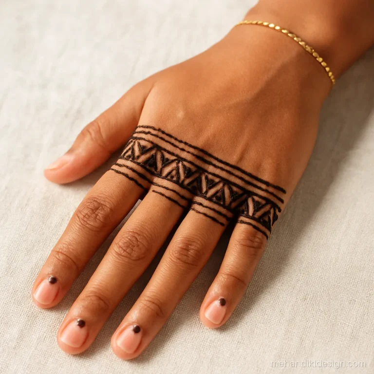 Mehandi photo of geometric triangles and lines on a girl's back hand