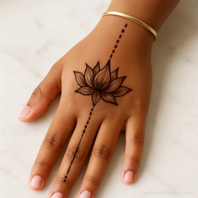 Mehandi ki photo of a lotus wrist motif with lines running up the fingers
