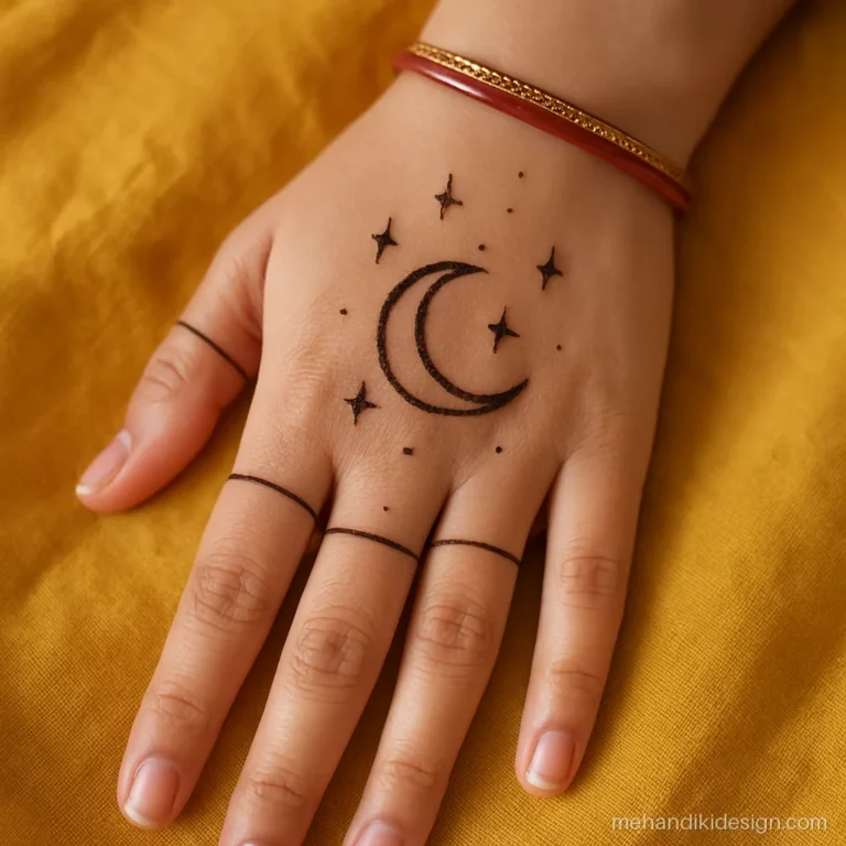 Mehandi design pic of a crescent moon and stars on a girl's hand