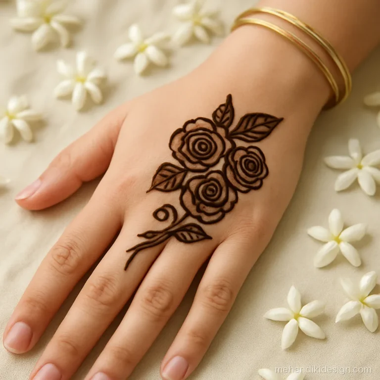 Mehandi image of a rose cluster on the side of a girl's hand