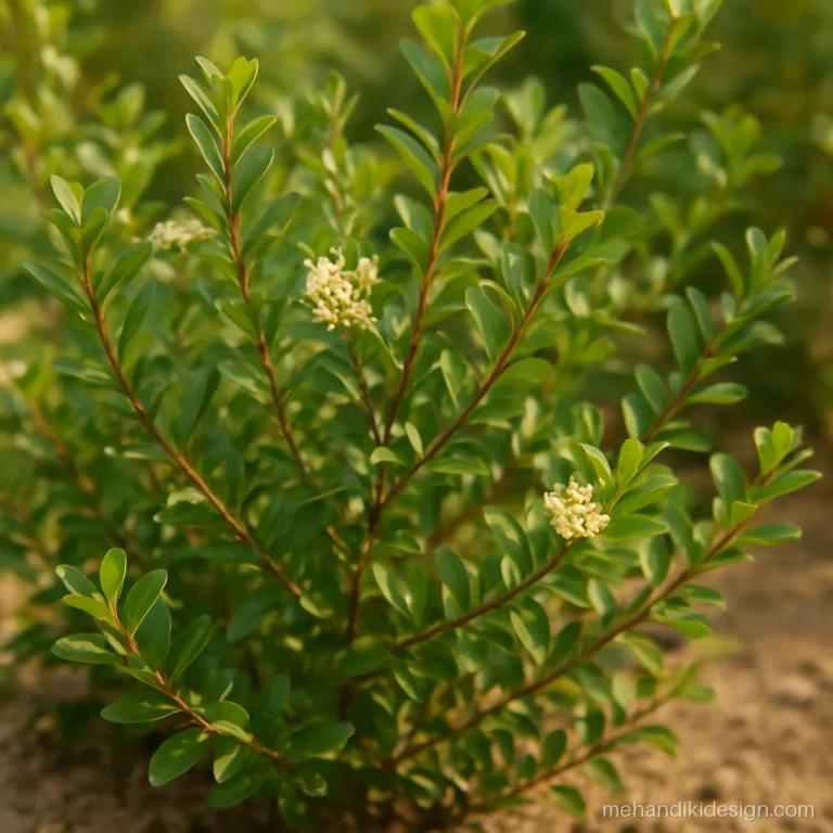 Mehandi plant with small green leaves and white flowers growing in sunlight