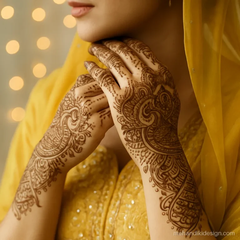 Mehandi pose of a bride resting her hennaed hands near her chin with face turned away