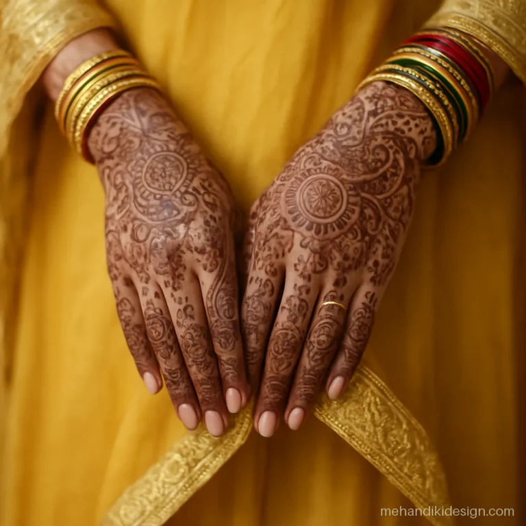 Mehandi pose with the bride holding her dupatta edge to show the back hand